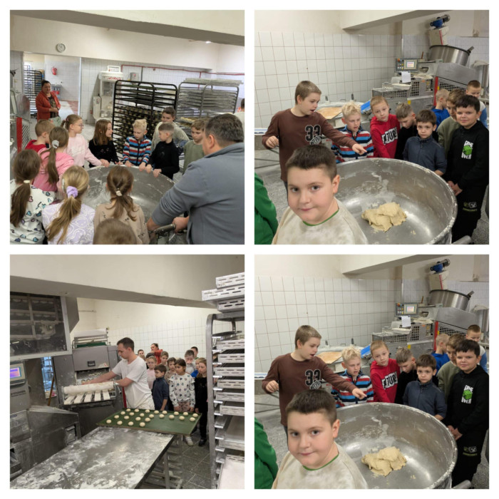 uczniowie w piekarni, słuchają piekarza oraz oglądają maszyny do wyrabiania chleba