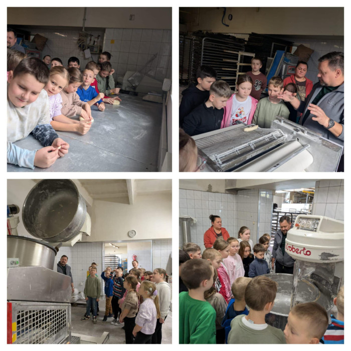 uczniowie w piekarni, słuchają piekarza oraz oglądają maszyny do wyrabiania chleba