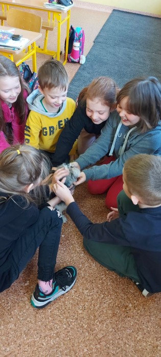 uczniowie klasy 2d na spotkaniu z hodowcą shih tzu,trzymają na rękach pieski rasy shih tzu