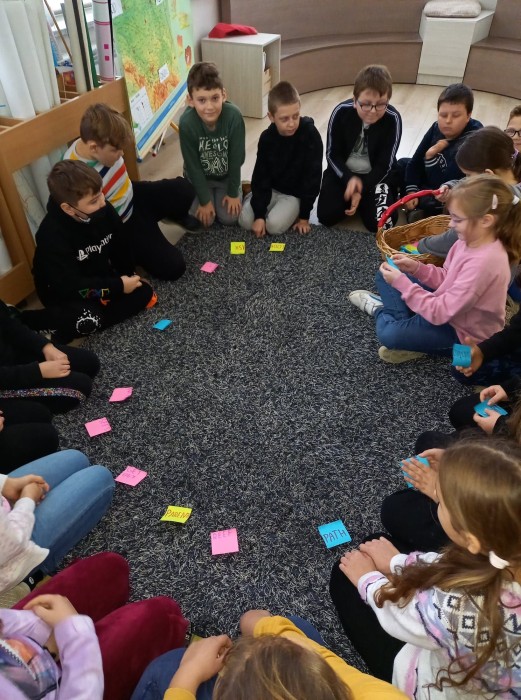 Uczniowie klasy 3e tworzą fiszki wyrazowe do przeczytanej książki Disneya
