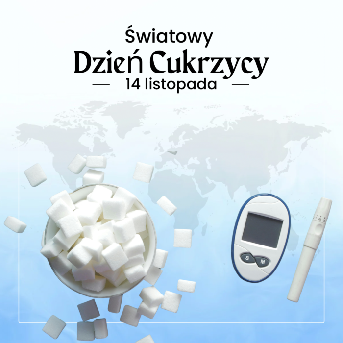 Jasna grafika z napisem Światowy Dzień Cukrzycy – 14 listopada. Na dole widoczna miseczka z kostkami cukru oraz glukometr i nakłuwacz. W tle mapa świata.