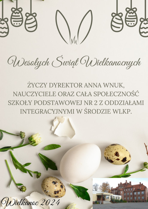 Życzenia wielkanocne na szarym tle na górze pisanki we wzory z kokardami czarne na szarym tle i uszy królika Wesołych Świąt Wielkanocnych życzy dyrektor szkoły i nauczycyiele oraz cała społeczność Szkoły Podstawowej nr 2 w Środzie Wlkp.